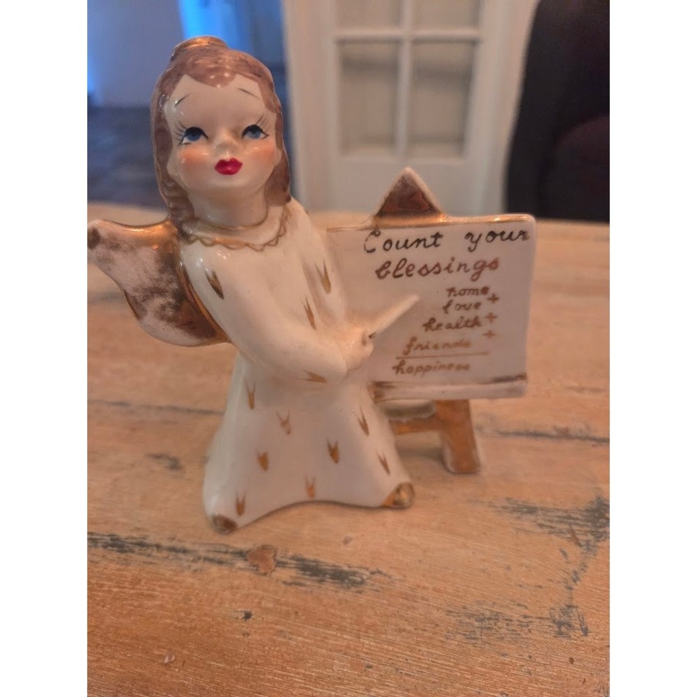 Vintage Yonah Original Japan Angel Figurine Count Your Blessings Chalkboard Gold